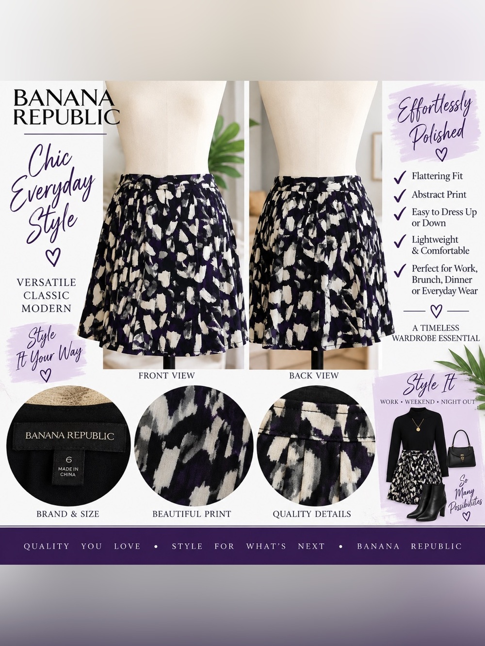 #0378 Banana Republic Size 6 Abstract Print Flared Mini Skirt Black Ivory Purple
